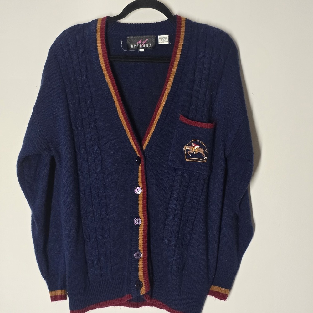 Vintage Knit Equestrian  Cardigan Men's M Blue Striped Preppy‎ Academic Sweater